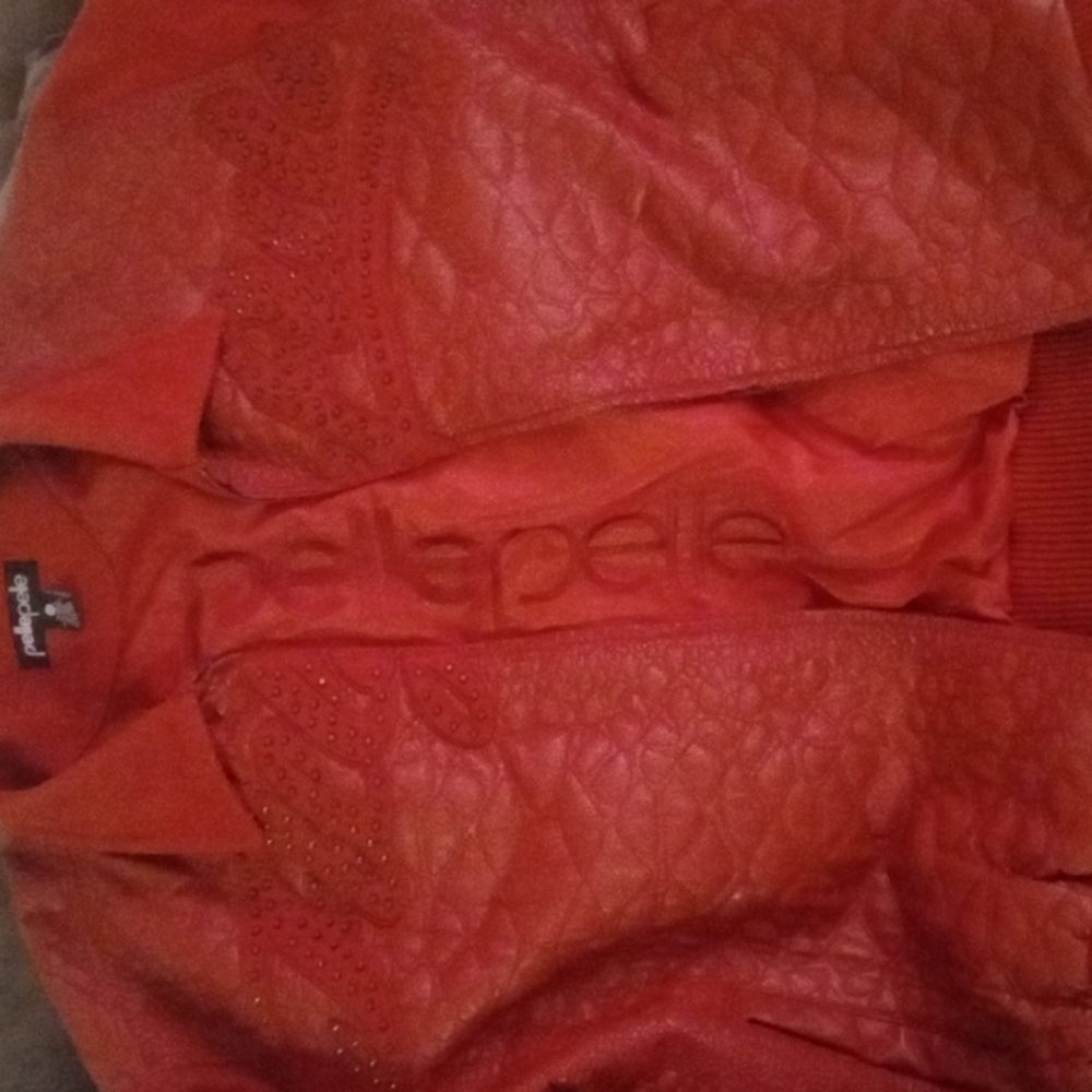 Pelle pelle jacket rust color wool  with rust color rinestones in wording